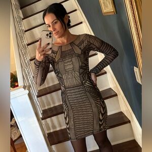 Pookie and Sebastian Embellished Geometric Pattern Long Sleeve Dress